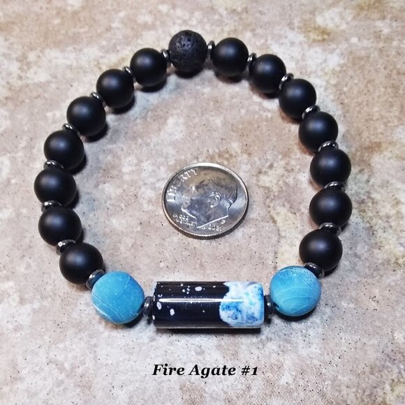 Gorgeous Blue & Black Fire Agate Stretch Bracelet - Fits 7" Wrists - Picture 1 of 6